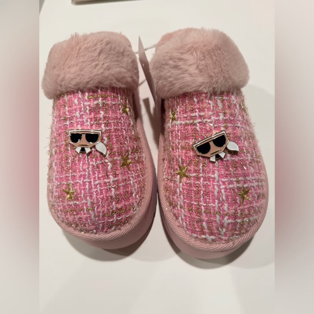 Karl Lagerfeld Pink Tweed Slippers with Sunglasses Charm size 8.5 - Picture 2 of 4